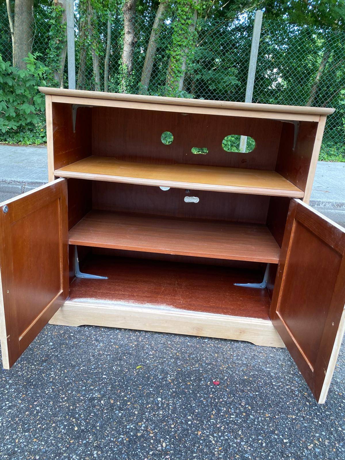 Louis Philippe two-door buffet, renovated TV unit in raw wood.