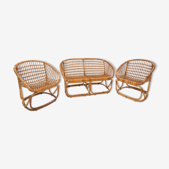 Canapé et fauteuils en rotin moderne du milieu du siècle