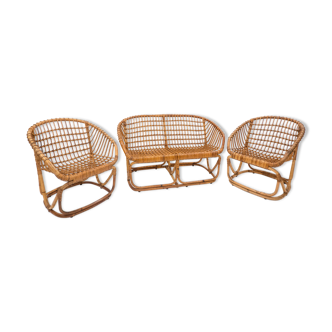 Canapé et fauteuils en rotin moderne du milieu du siècle