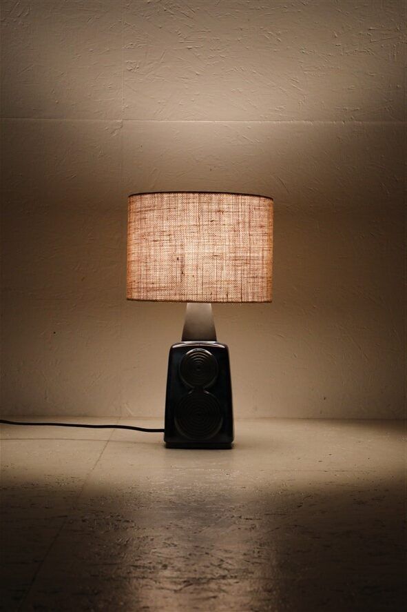 Big "1097" ceramic table lamp by Einar Johansen for Søholm with jute shade, mid-century Danish modern design, 1960s/1970s