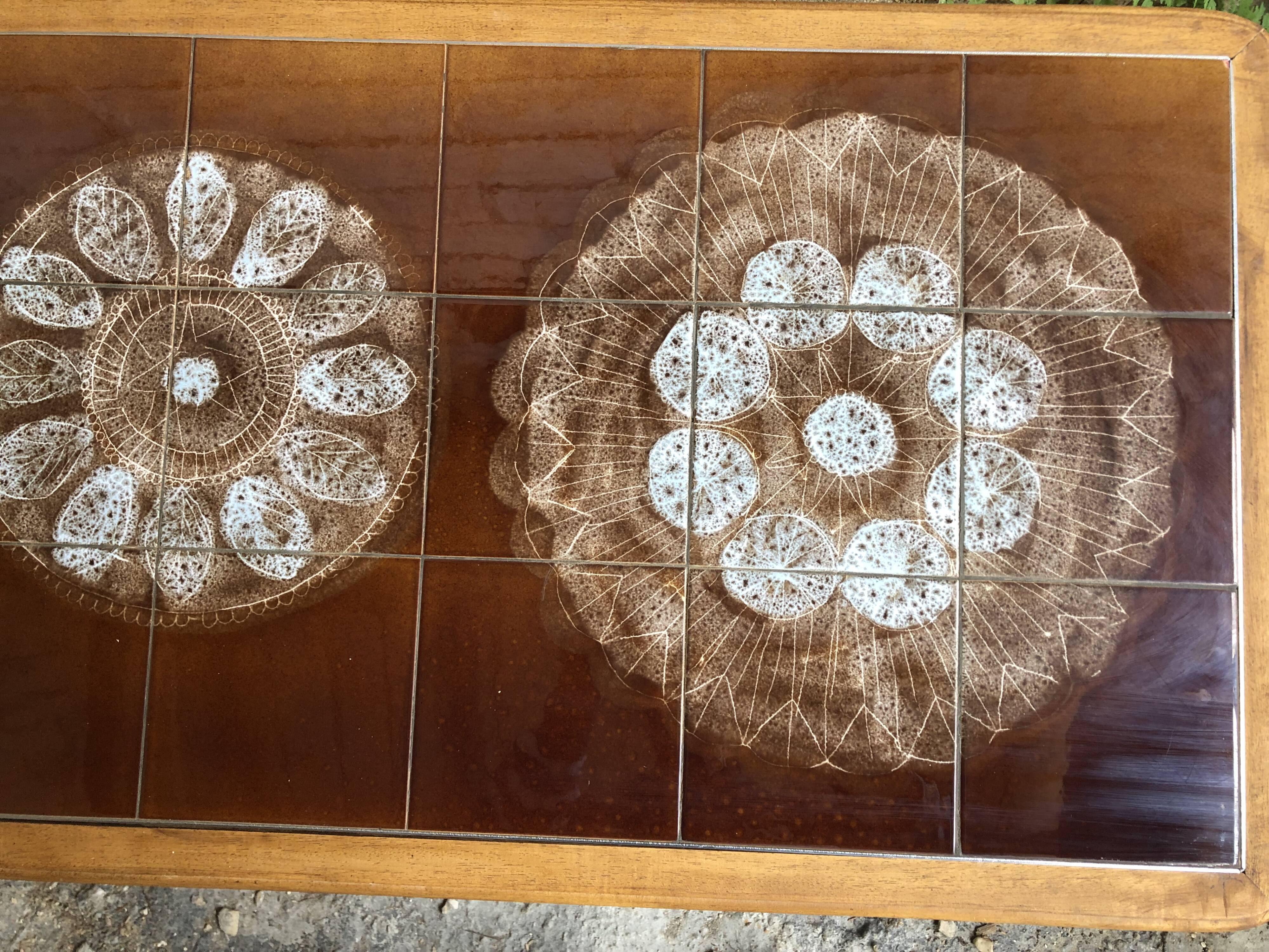Coffee table with chrome legs and ceramic & wood top, vintage 70s