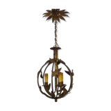 Vintage cage chandelier in aged golden metal and foliage, antique lighting, 3-burner chandelier. Year 60
