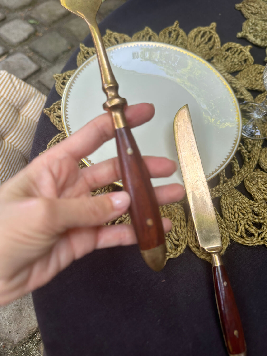 Wood and brass serving utensils
