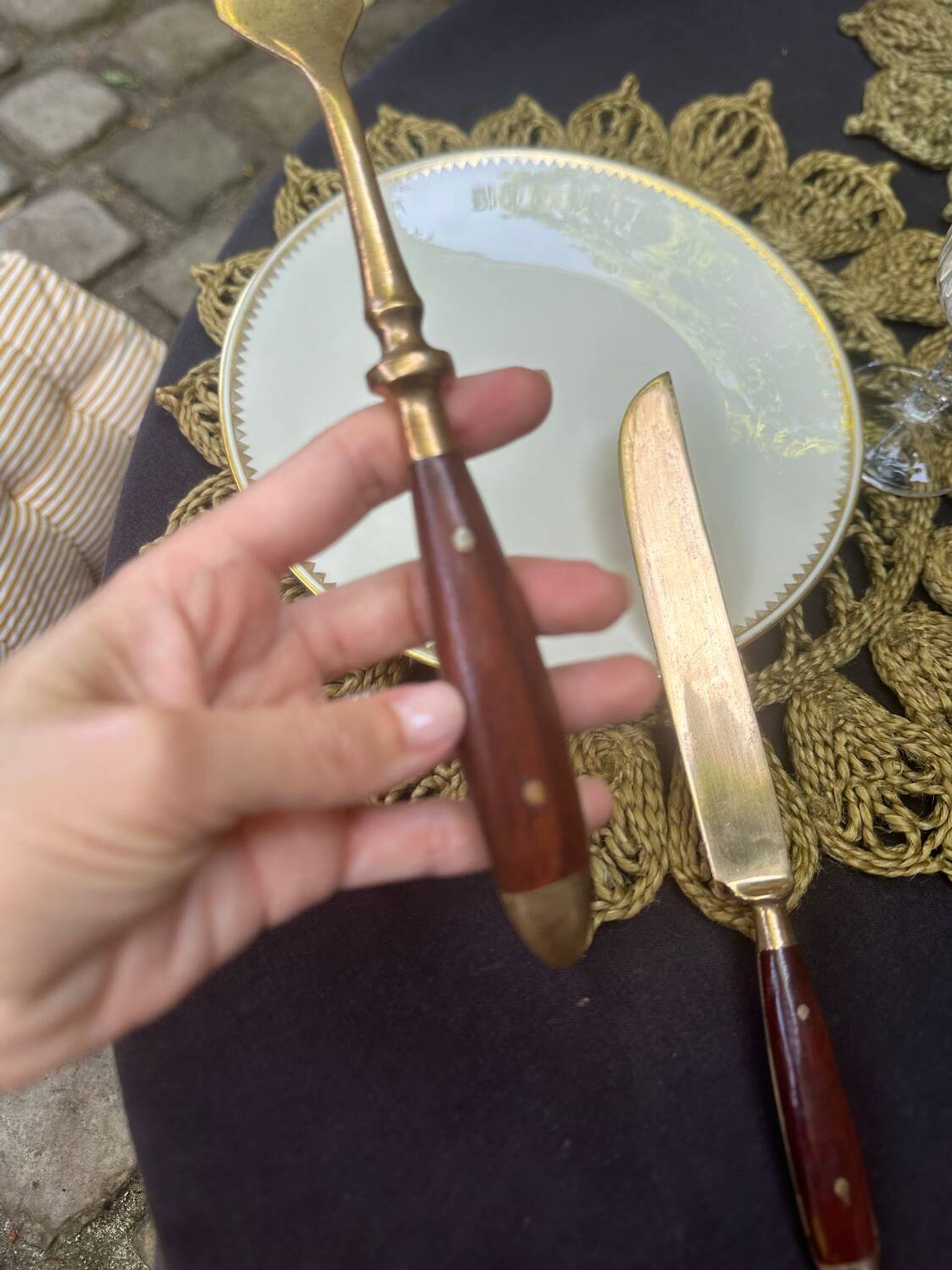 Wood and brass serving utensils