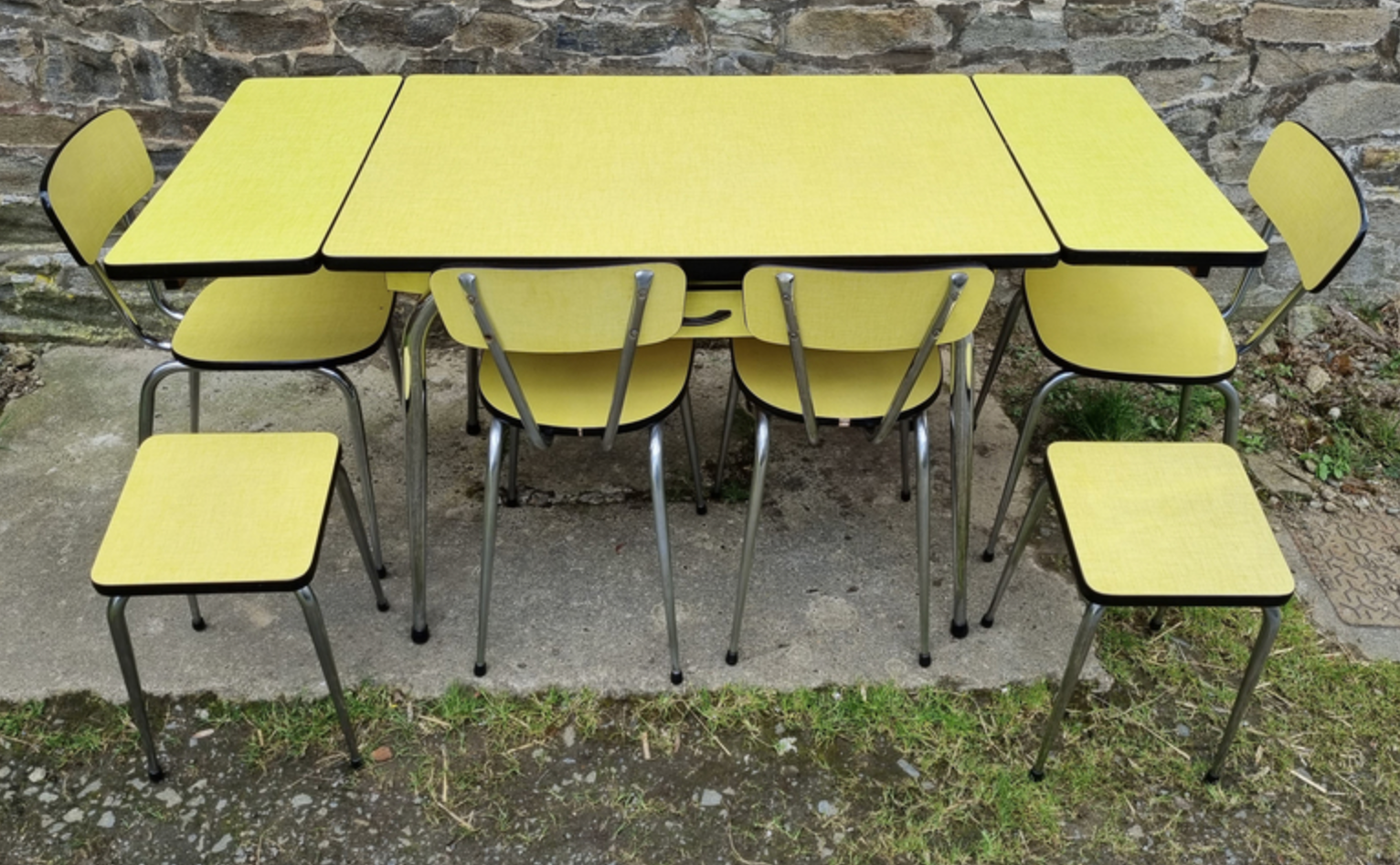 Yellow formica table, 4 formica chairs and 2 matching stools, vintage, 60s.