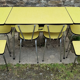 Yellow formica table, 4 formica chairs and 2 matching stools, vintage, 60s.