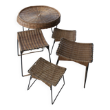 Vintage Raoul Guys set 1 table 4 rattan and metal stools Airborne