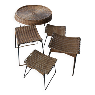 Vintage Raoul Guys set 1 table 4 rattan and metal stools Airborne