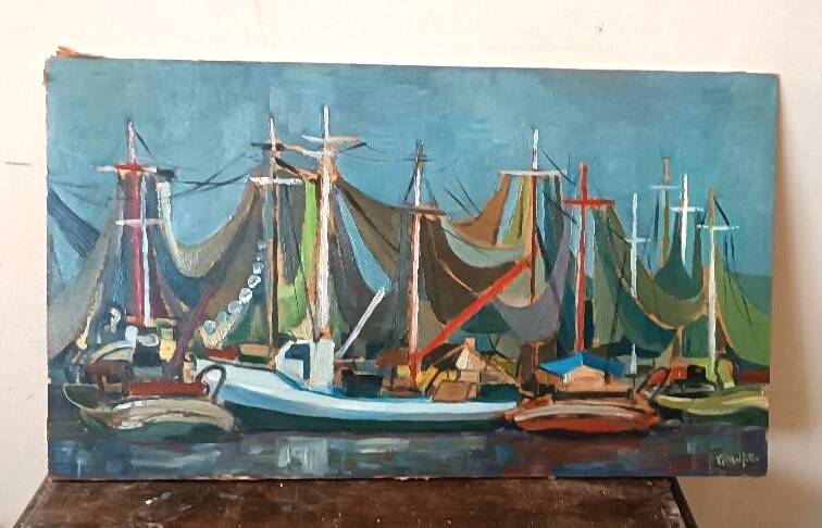 Oil painting on panel, seascape with boats - Signed, 50s/60s