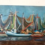 Oil painting on panel, seascape with boats - Signed, 50s/60s