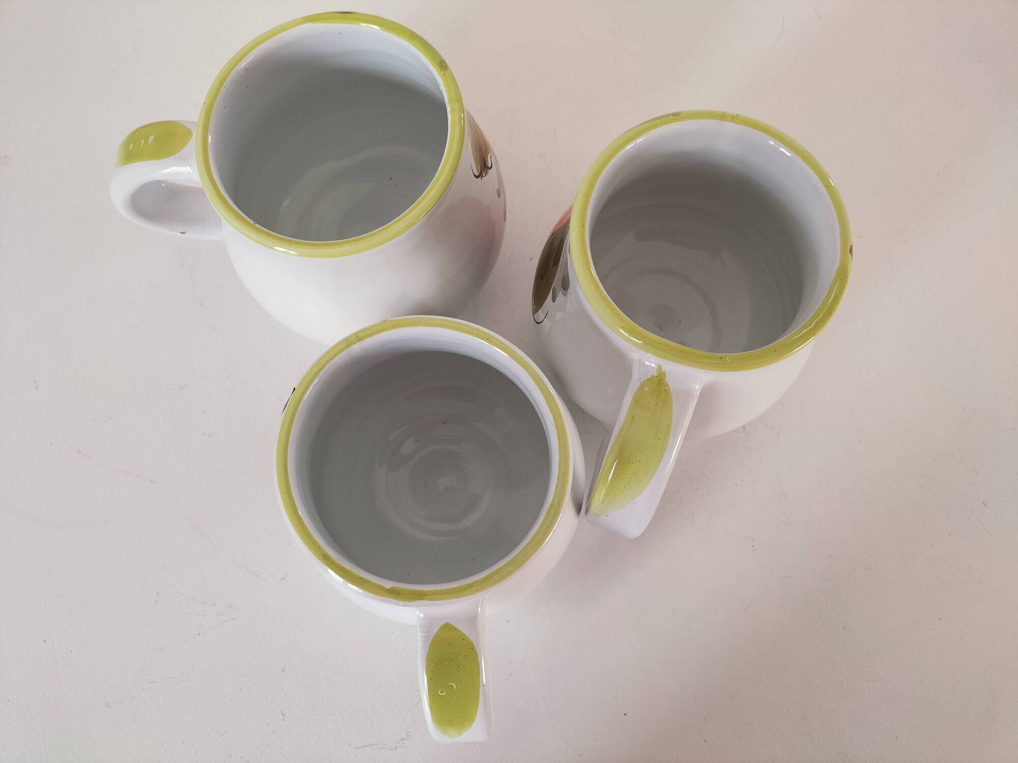 Trio of vintage Italian earthenware mugs, hand-painted – pear motif