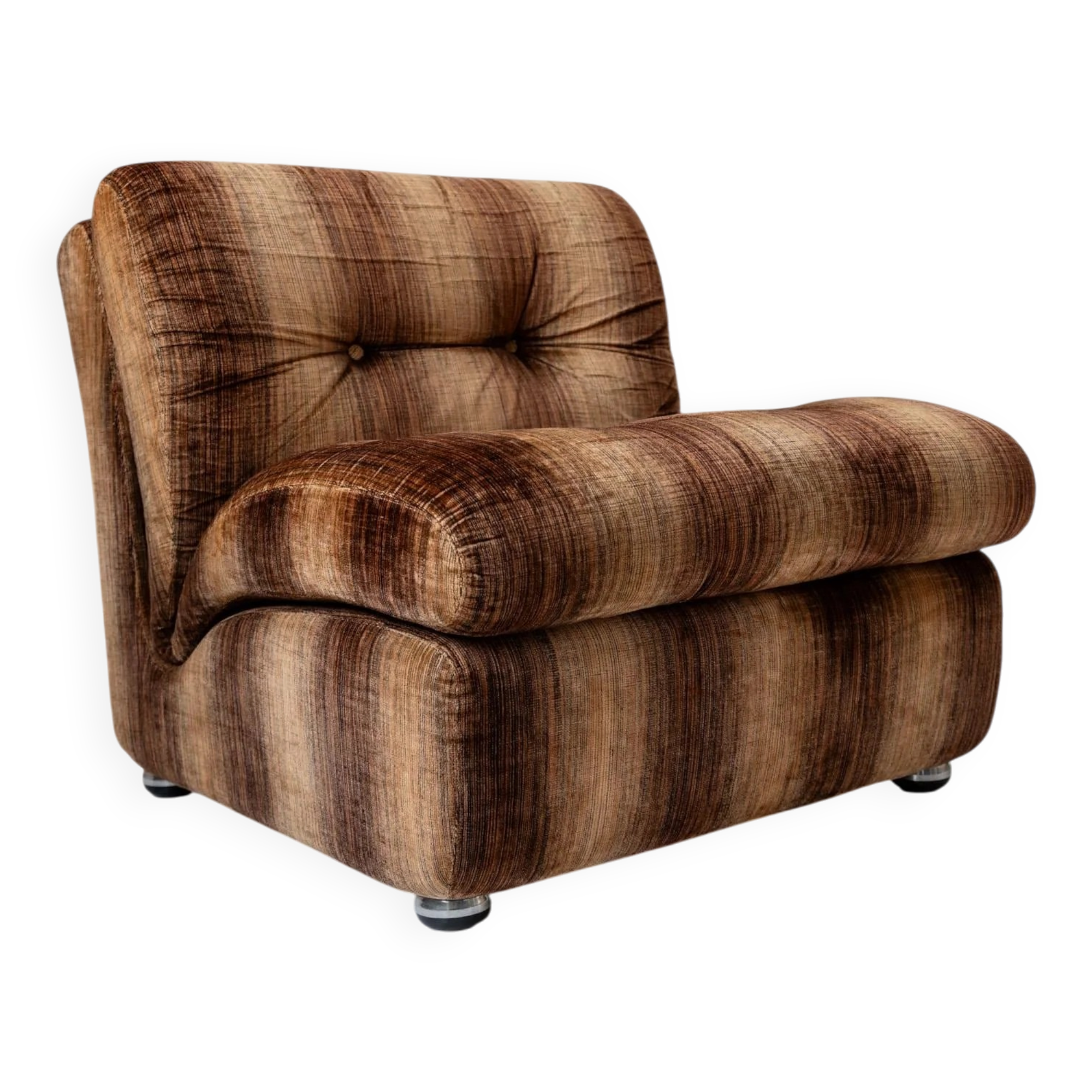 Vintage armchair from the 1970s, by Europoltrona Italy, brown striped velvet, Space Age design.