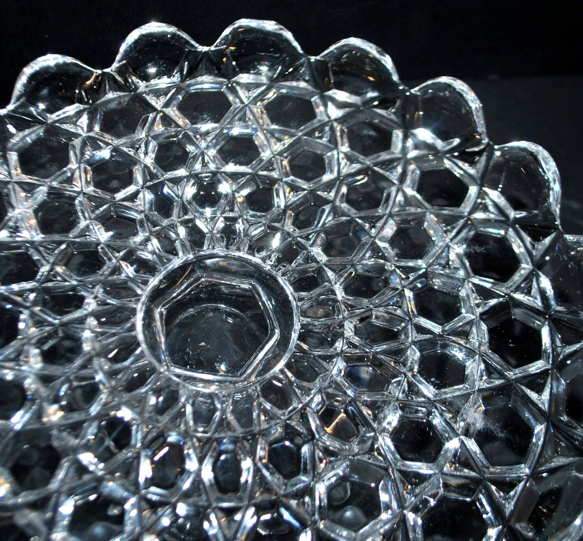 Antique cheese dome on a diamond moulded crystal stand, 1920, marked registered.