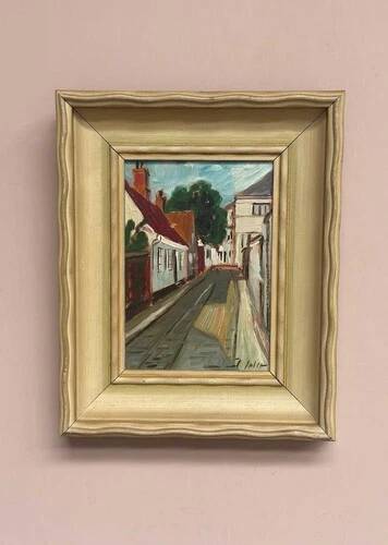 Mid-Century Oil on Panel “Street View” by J. Ioliv, Vintage & Framed 25×31cm
