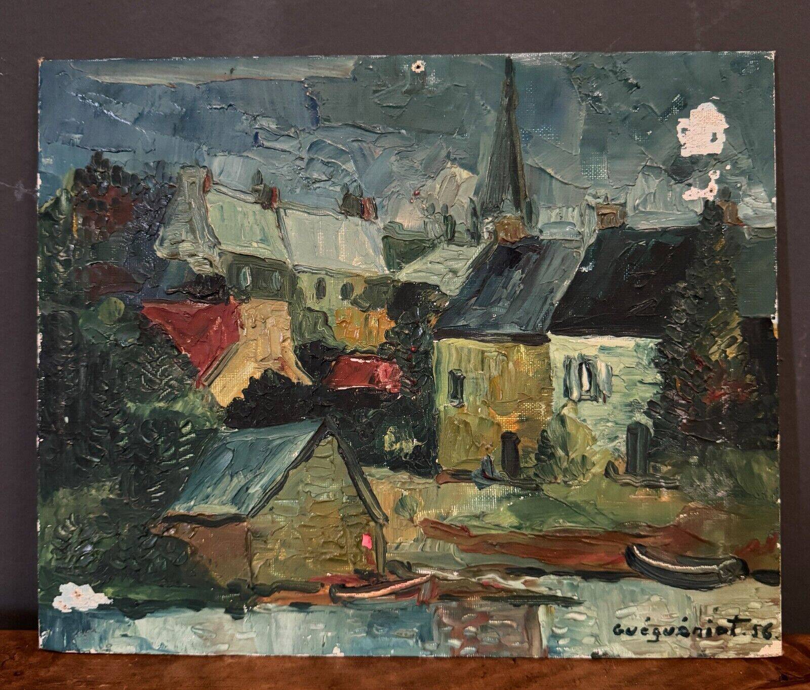 Oil on cardboard by Gérard Guéguéniat 1956 representing a village