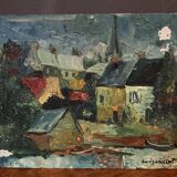Oil on cardboard by Gérard Guéguéniat 1956 representing a village