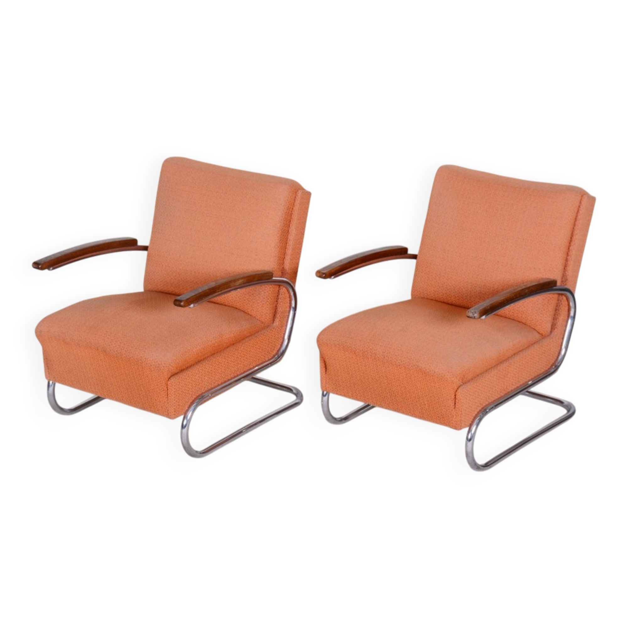 Ensemble de chaises à bras en chrome tubulaire Bauhaus attribuées à Mücke Melder, années 1930.
