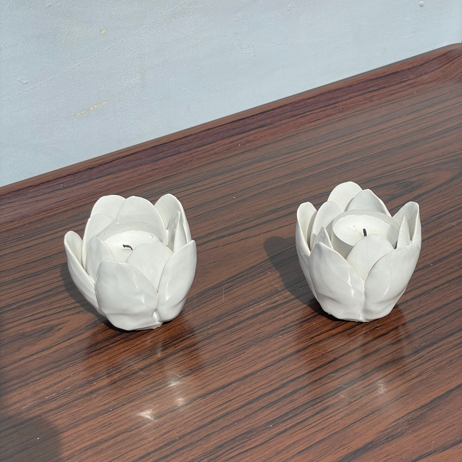 Pair of ceramic flower candle holders handcrafted