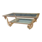 Old large coffee table in gilded wood and glass
