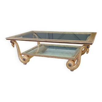 Ancienne grande table basse bois doré et verre