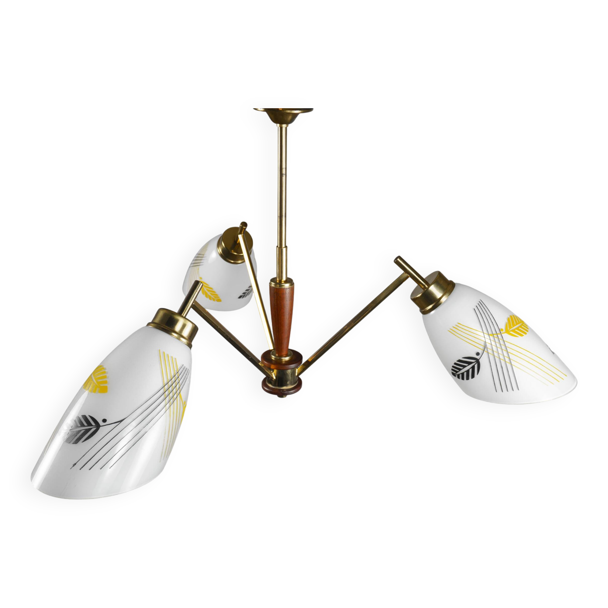 1950s Mid-Century French Glass, Brass & Teak 3-Arm Chandelier