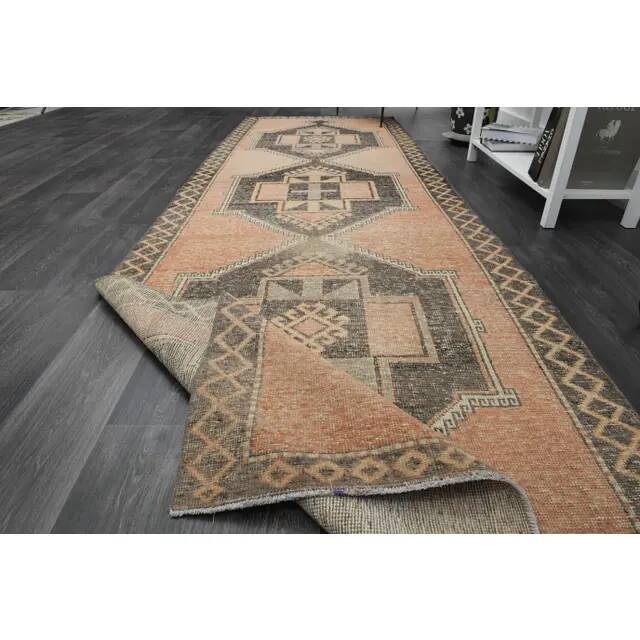 1970s Vintage Turkish Oushak Handmade Wool Cotton Orange Runner Rug 122x384