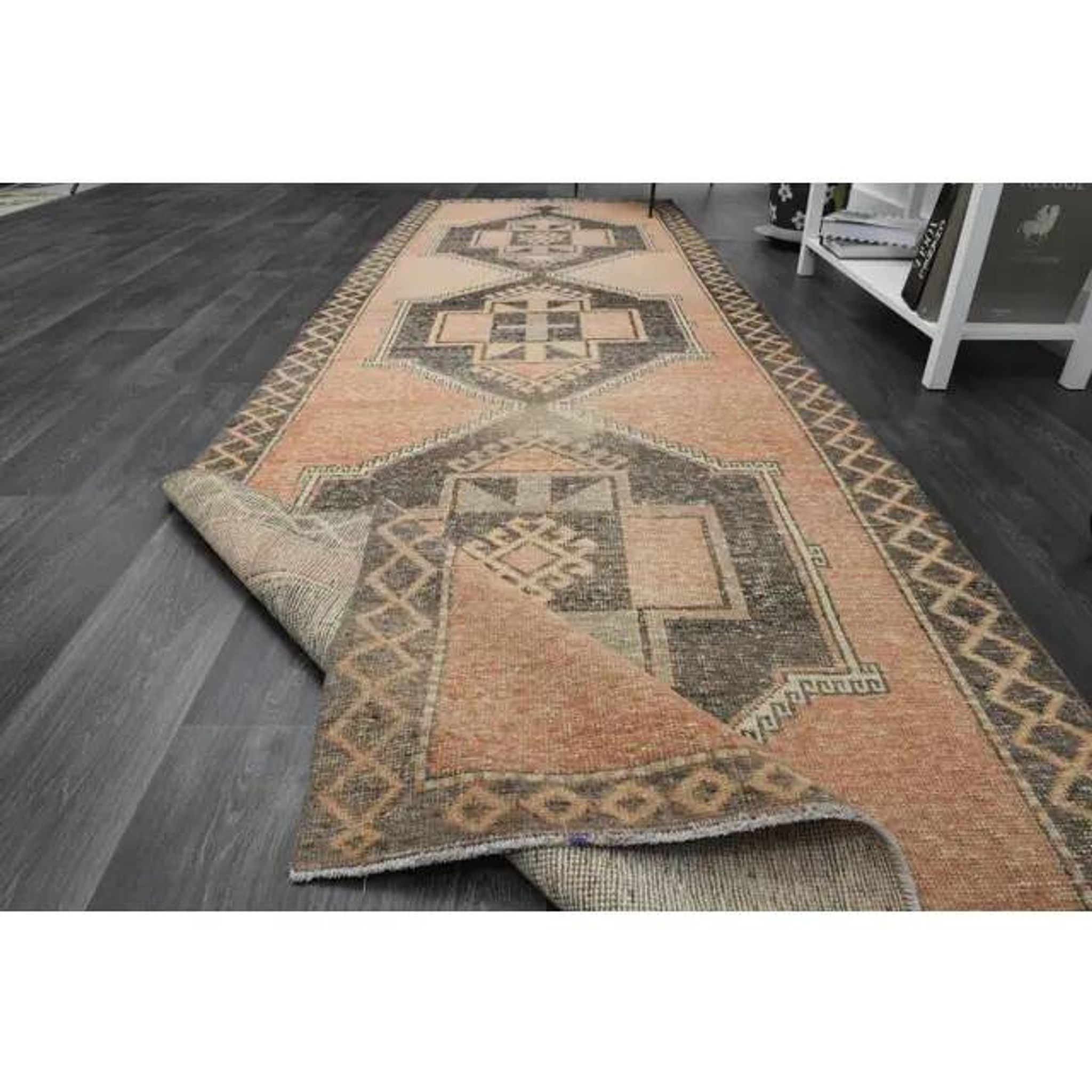 1970s Vintage Turkish Oushak Handmade Wool Cotton Orange Runner Rug 122x384