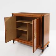 Jules Leleu cherry wood cabinet with marquetry, 2 doors, bronze, 1940.