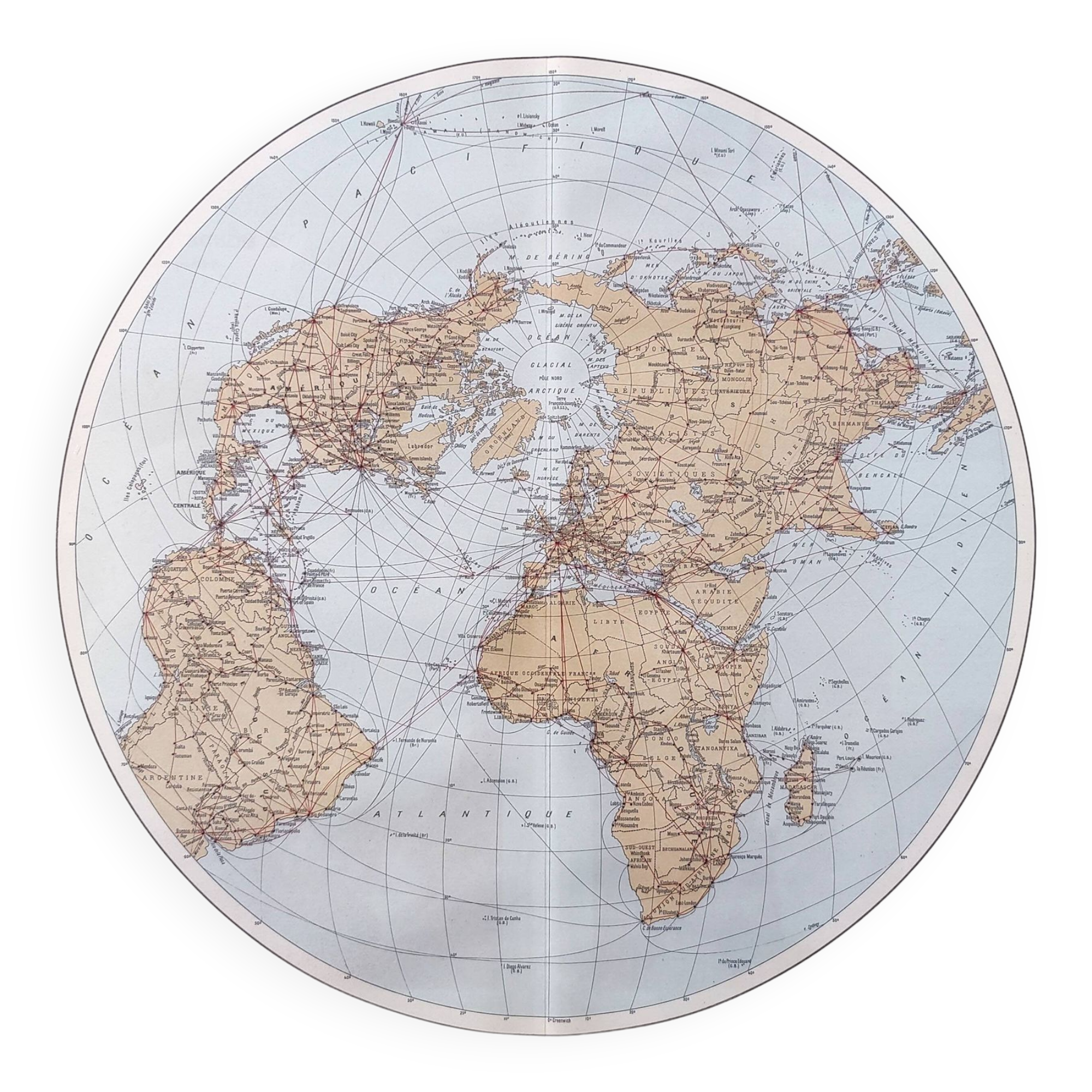 World map planisphere vintage air and maritime lines from 1950