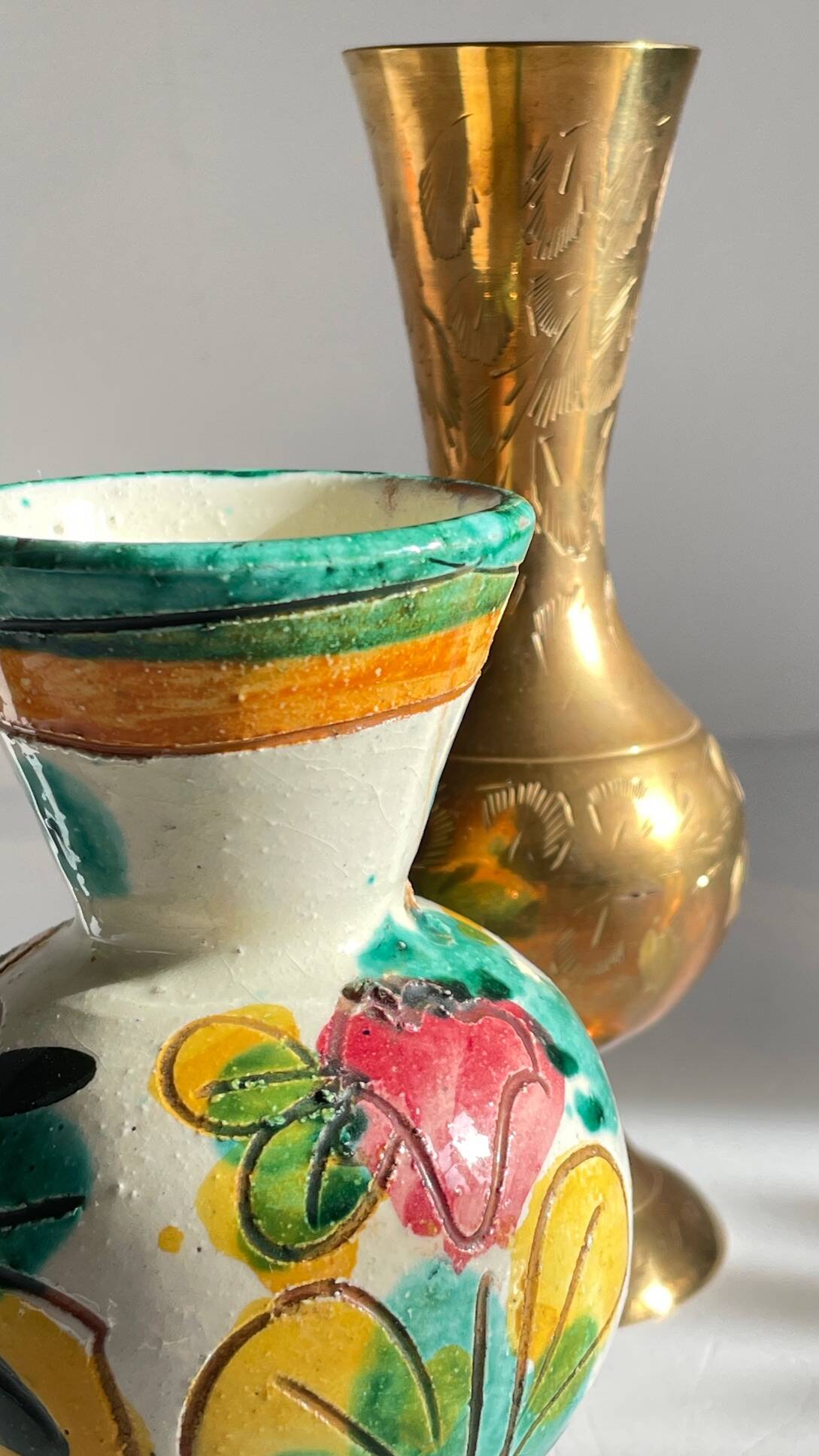 Vases céramique artisanale laiton ciselé vintage