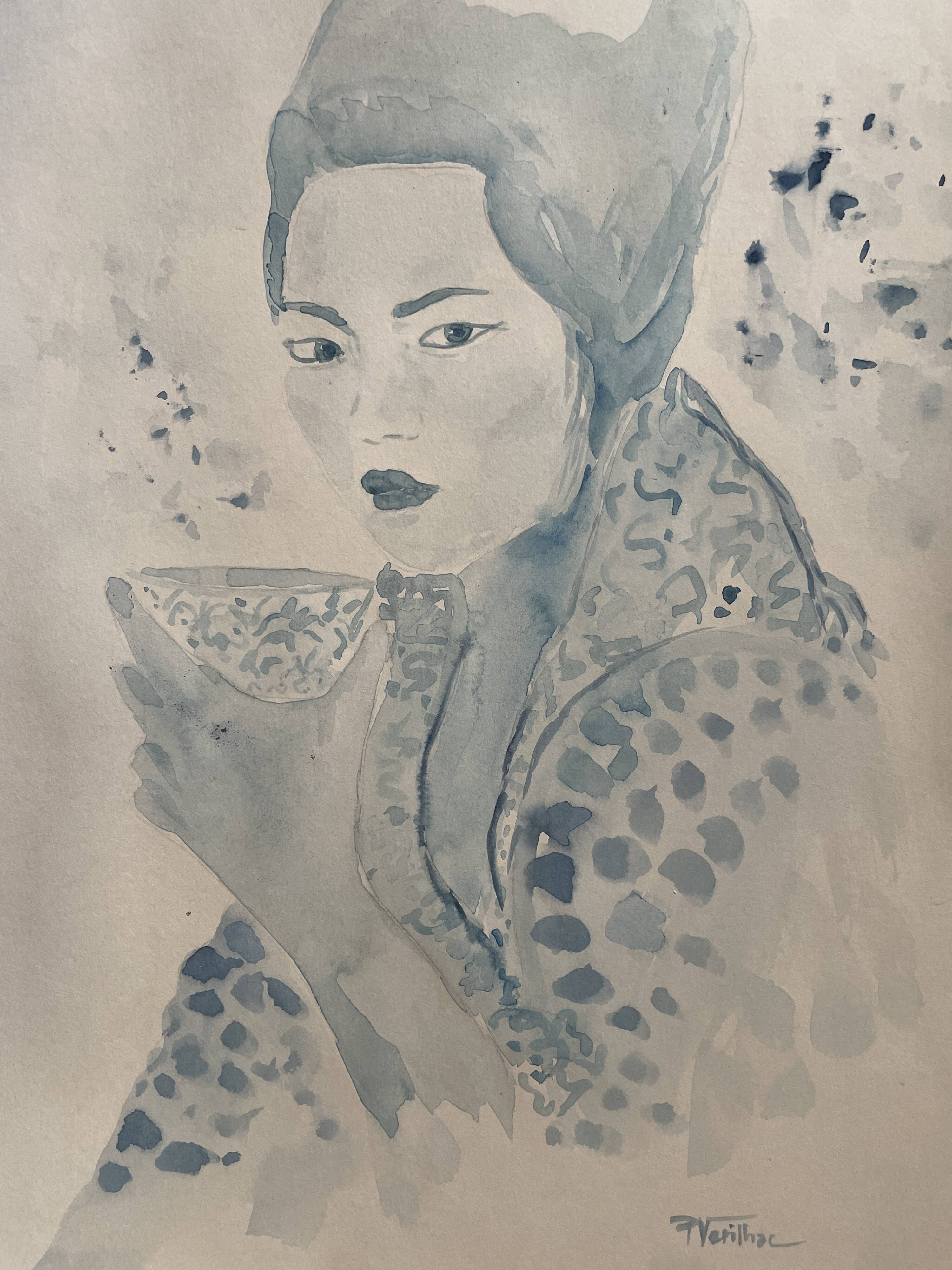 Signed blue watercolor painting “Geisha Tea Time” Japan