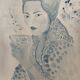 Signed blue watercolor painting “Geisha Tea Time” Japan