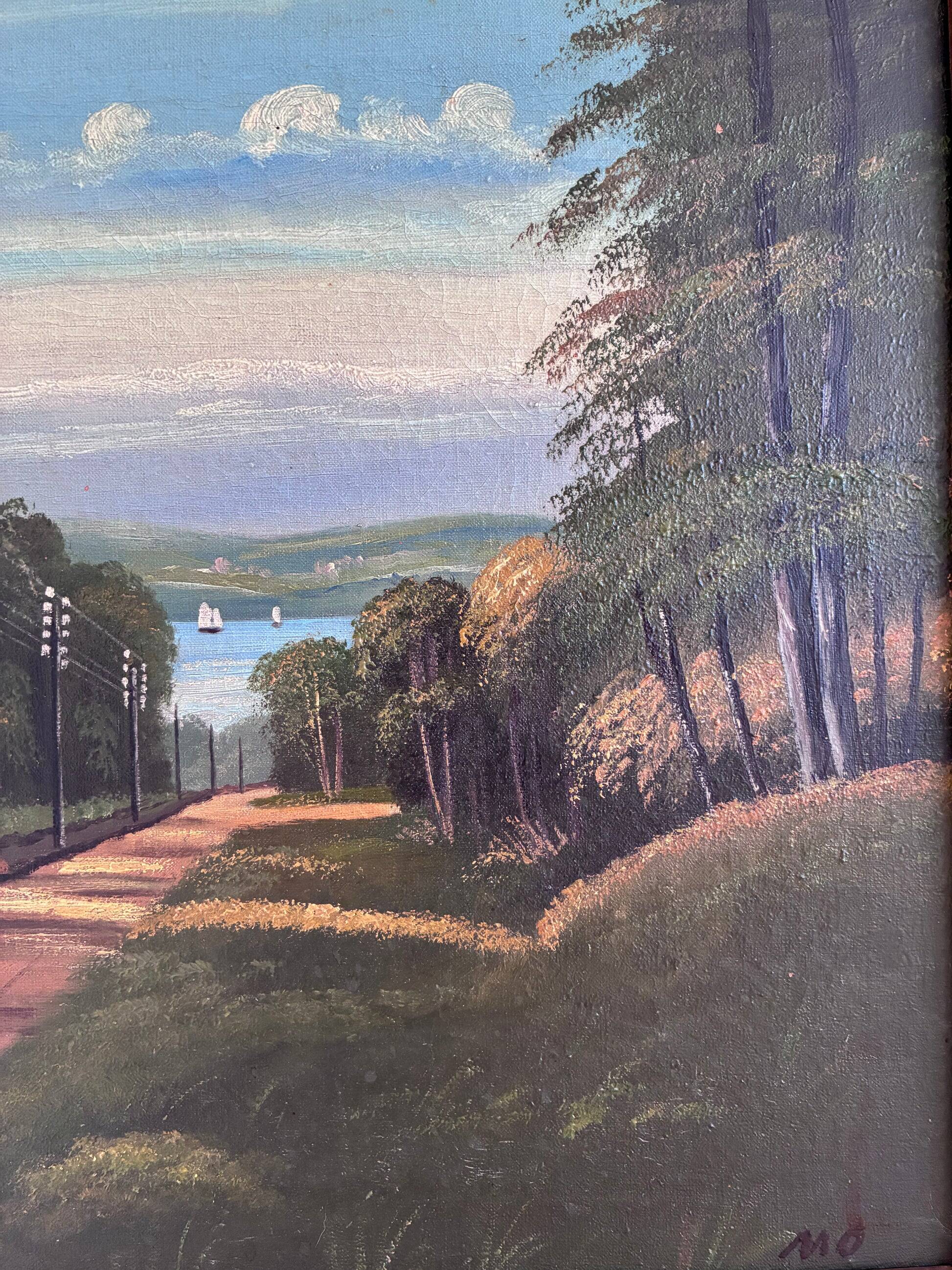 Vintage original coastal landscape oil painting, signed seaside art