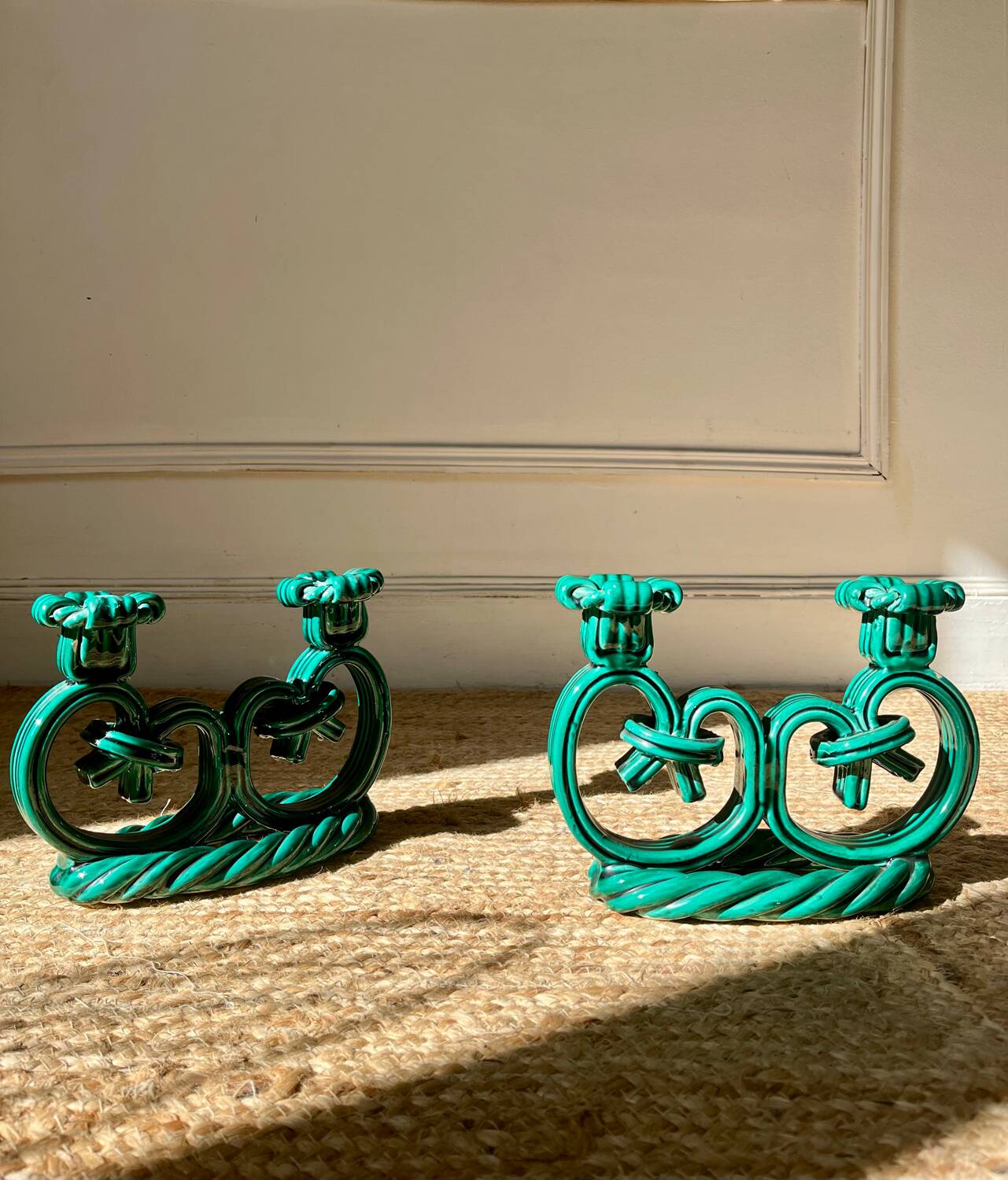 Pair of Vallauris candlesticks in woven ceramic