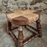 Vintage beechwood stool with straw seat – France, 1950s