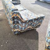 3-seater sofa + 2 vintage armchairs in multicoloured fabric retro design