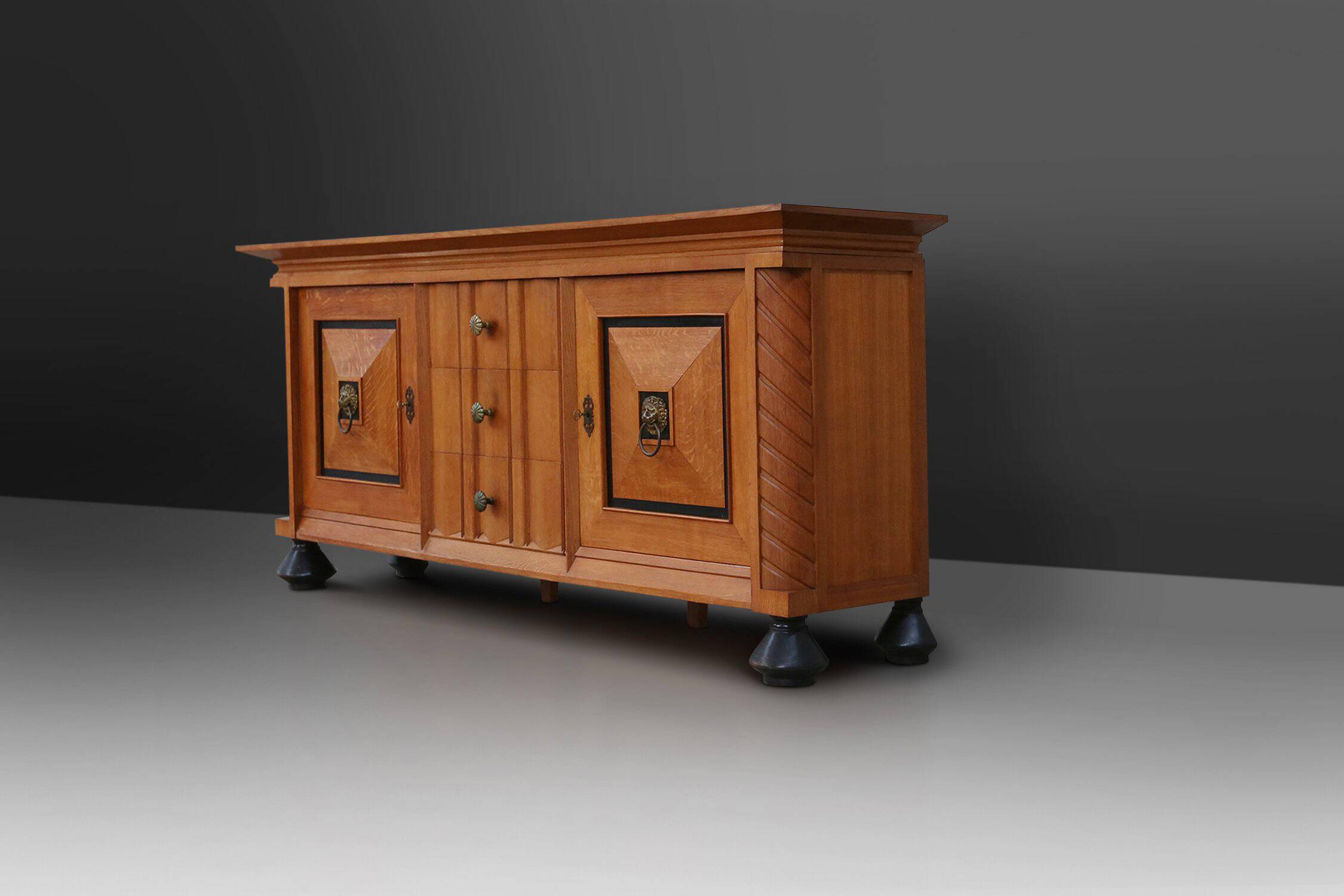 Art Deco brutalist Belgian Oak and Brass Sideboard, 1940s