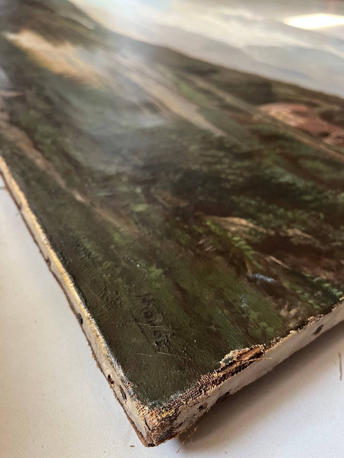 Large painting dated 1872 "Landscape with village by the river" signed