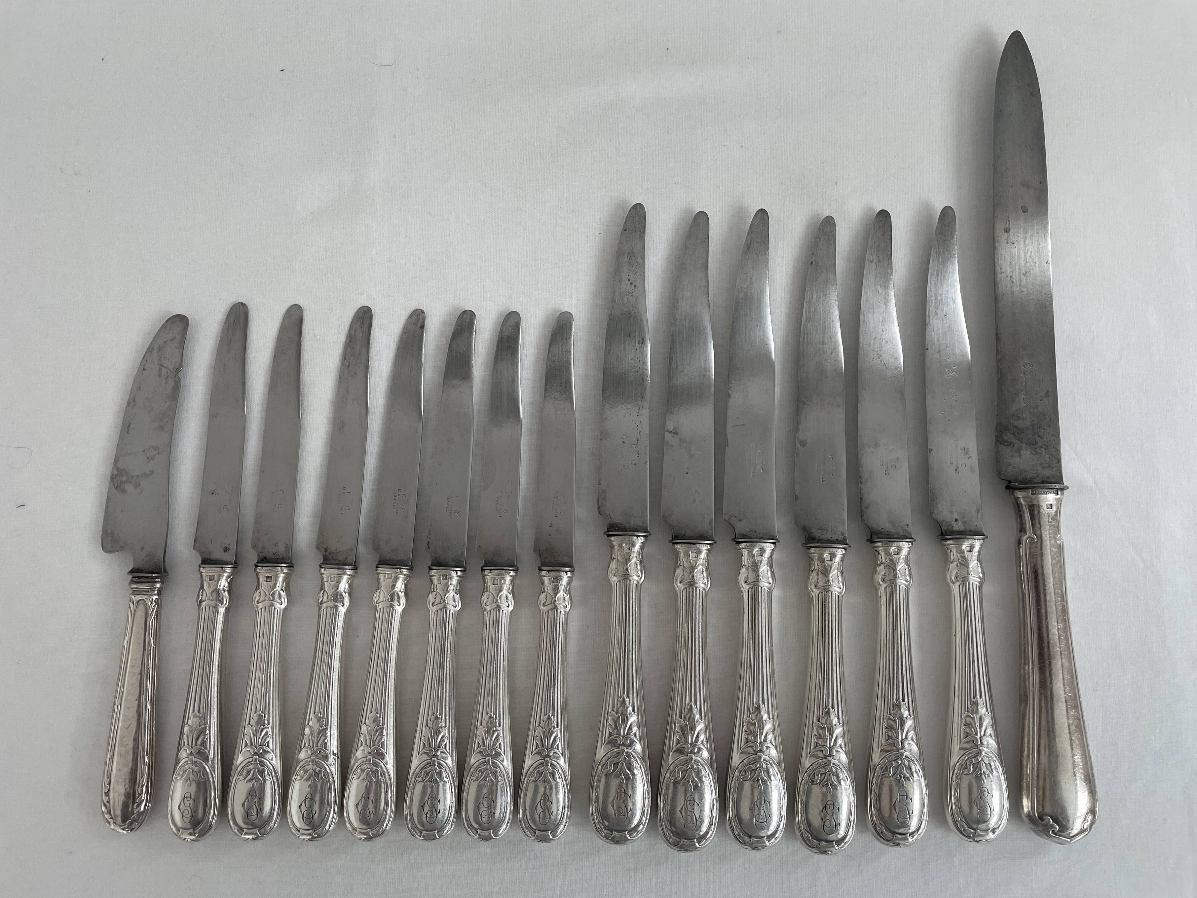 Knife set, Charles Christofle, silver plated metal, Art Nouveau, plant decoration, cheese, large