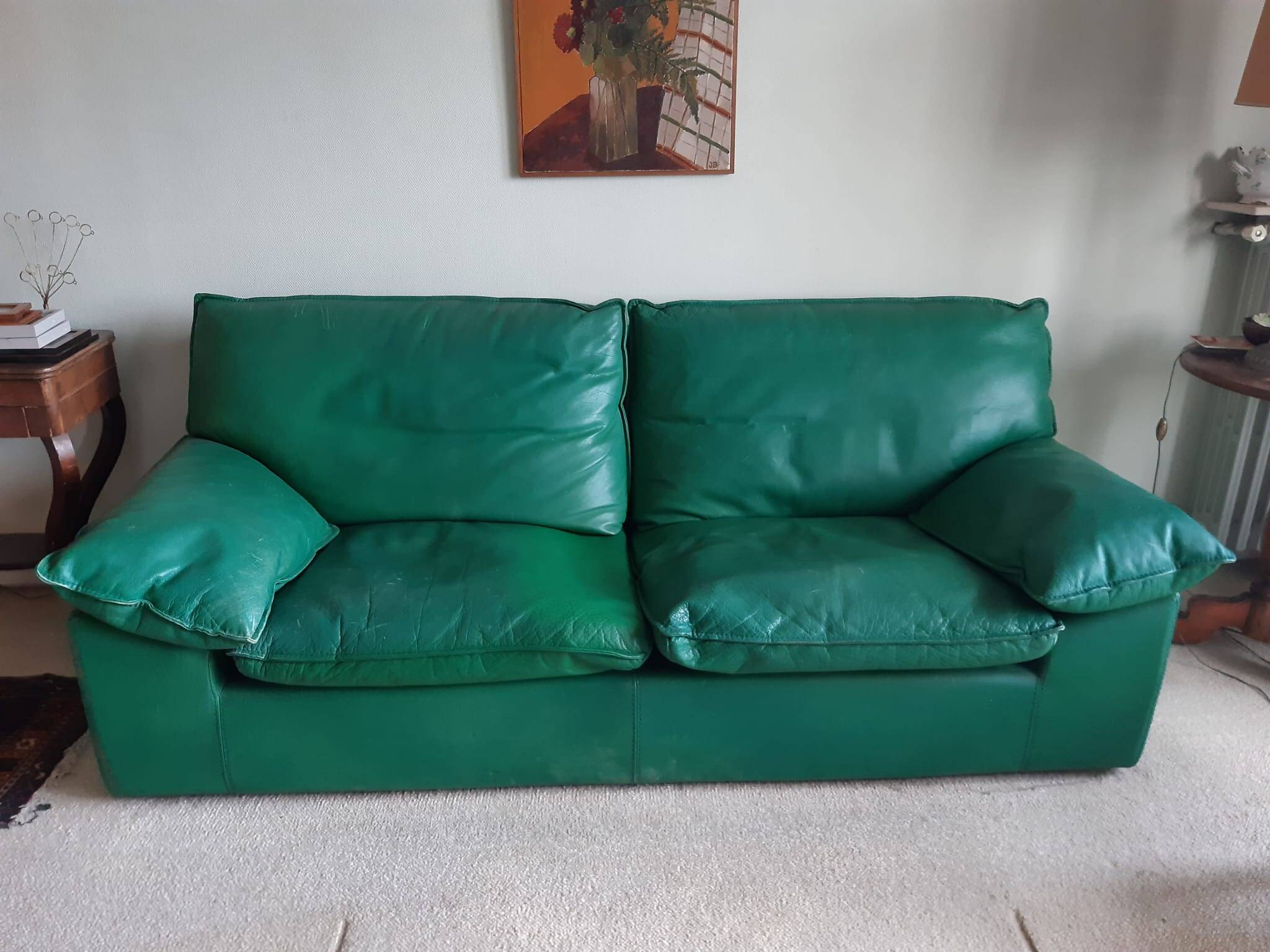 Sofa set and a green leather armchair - 1990s style - Duvivier brand