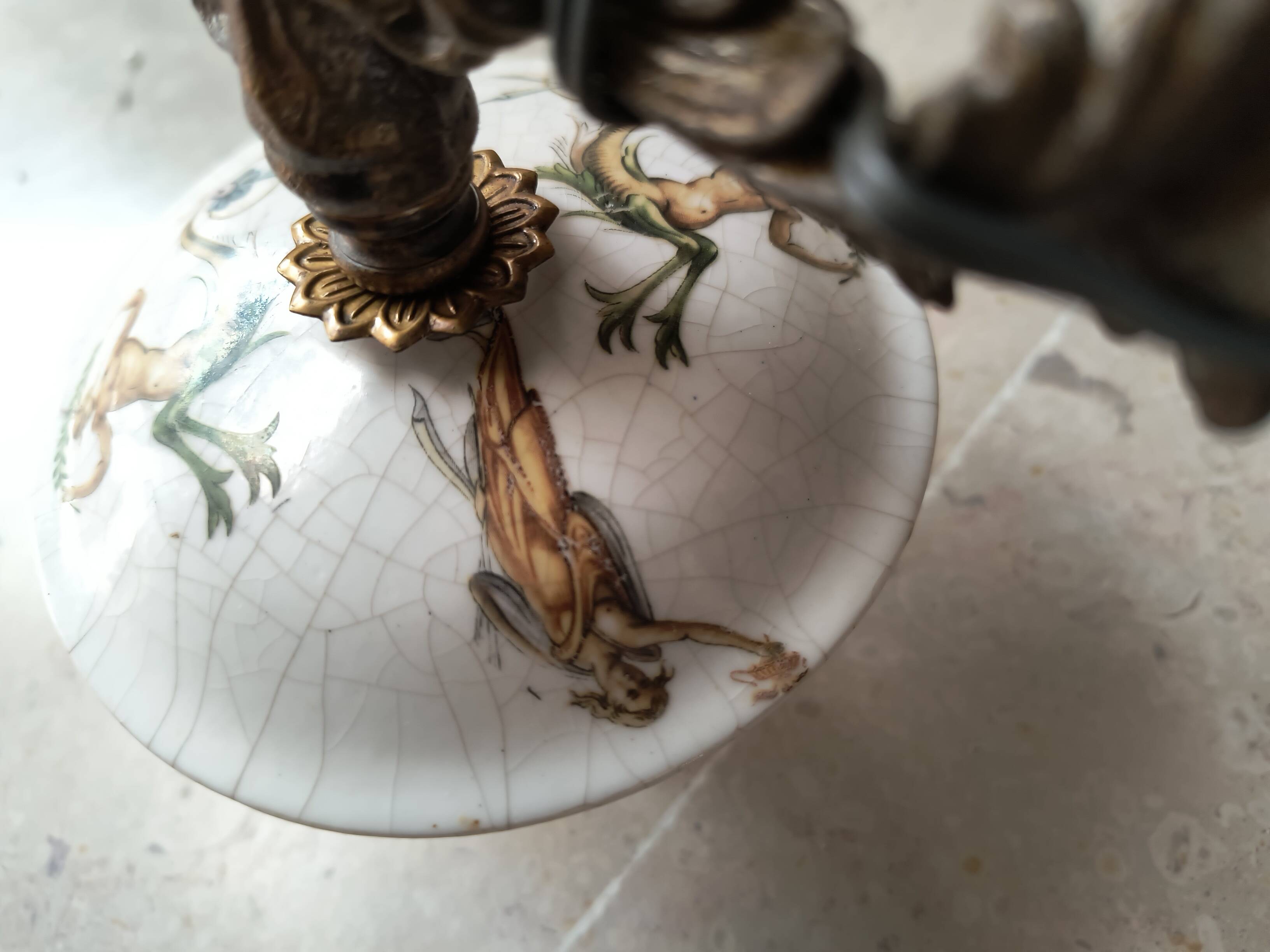 Lustrous bronze, copper and gien-style earthenware.