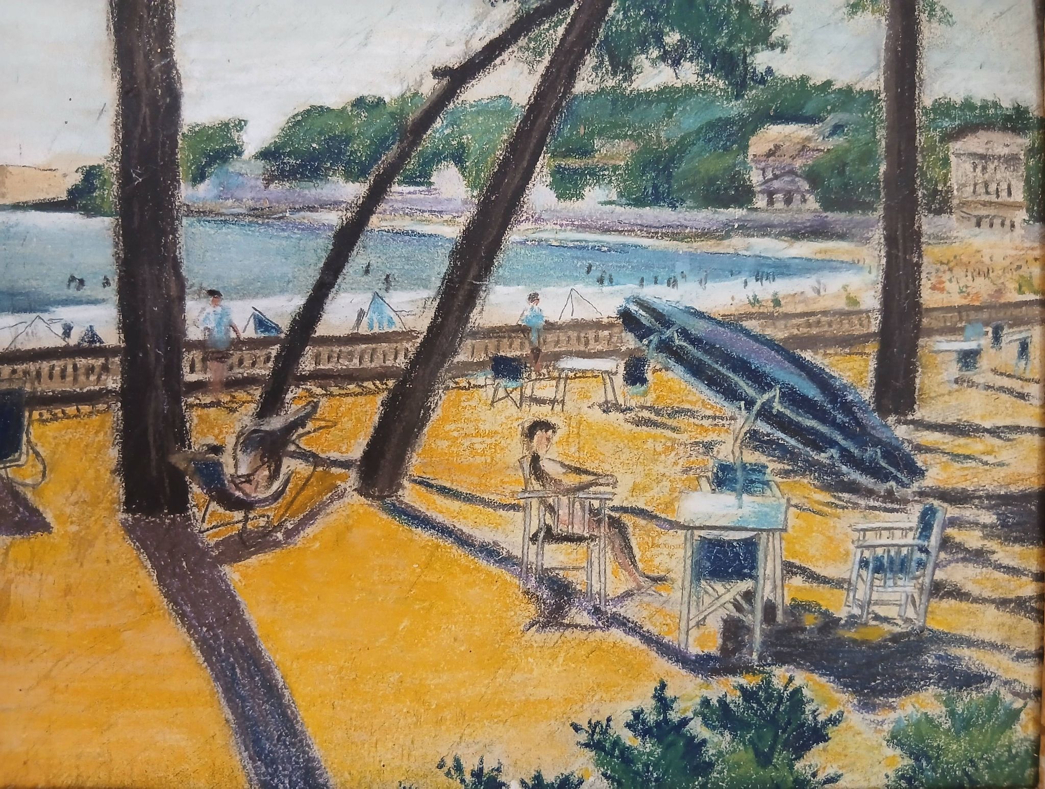 Peinture vintage scène balnéaire