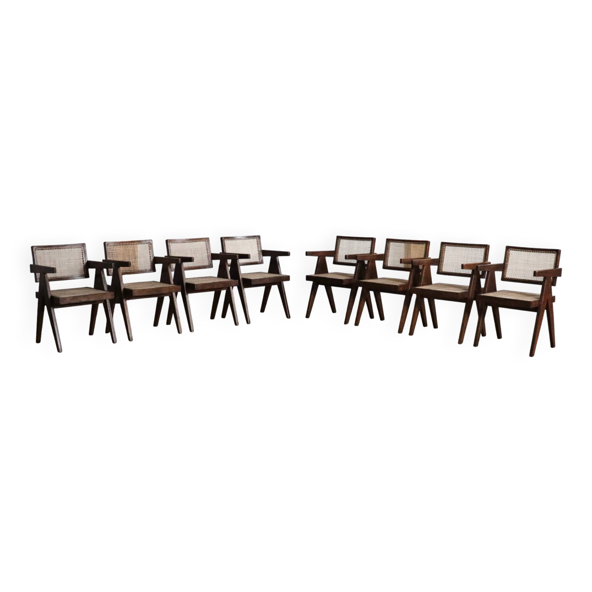 Set of 8 Pierre Jeanneret Office Cane Chairs, India 1950s