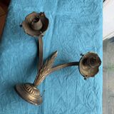 Double wall light in gold brass metal, vintage leaf pattern