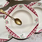 6 Digoin Sarreguemines Niger model soup plates with floral pattern and red/white checks
