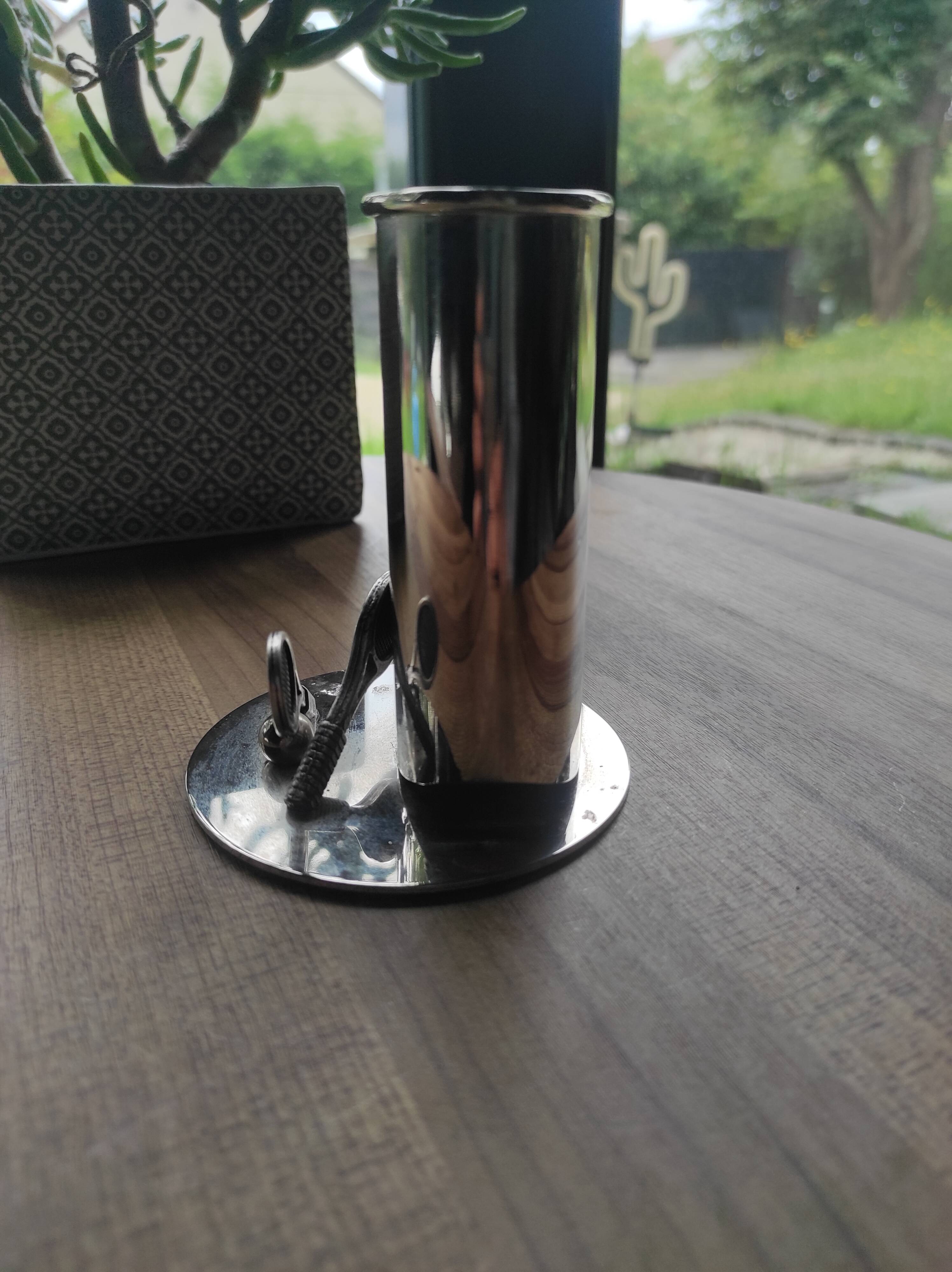 Vintage silver metal pencil holder decorated with tennis rackets