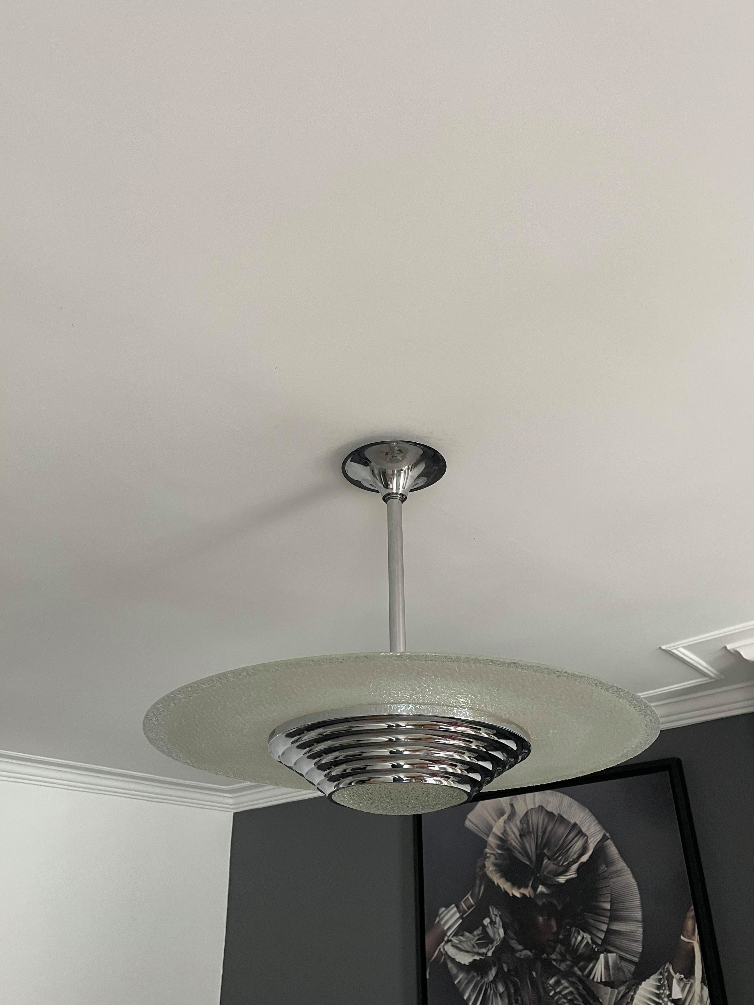 Modernist art deco pendant lamp, chrome brass and glass, France 1930 vintage