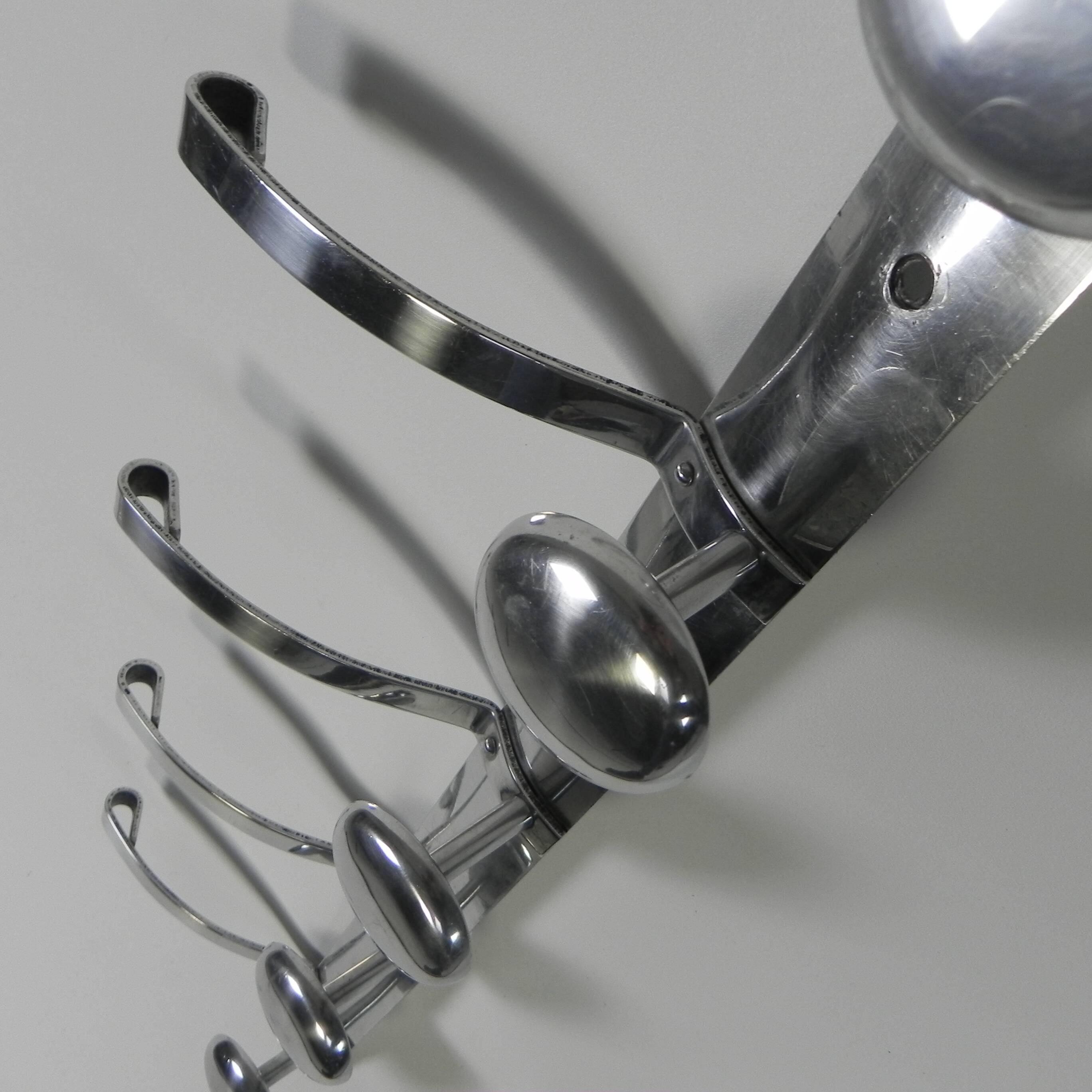 Aluminum vintage wall coat rack with 5 hooks, 1950s