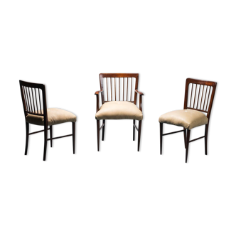 Ensemble de 3 chaises de bureau en bois cuir des années 50 vintage
