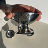 Set of 4 metal glasses / vintage stainless steel ice cream cups on a stand.